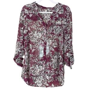 Kut from the Kloth Plum/Gray Floral Print Chiffon Blouse Size Medium Sheet Top